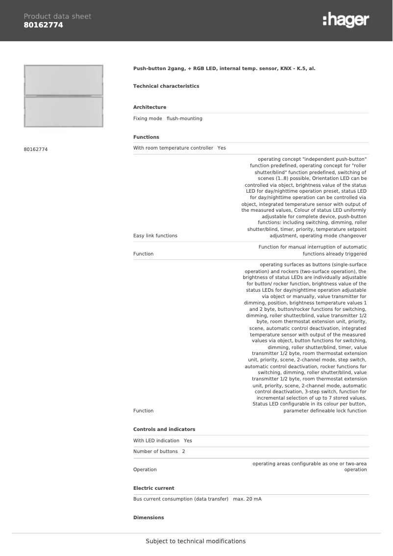 Page 1 de la notice Fiche technique Berker 80162774