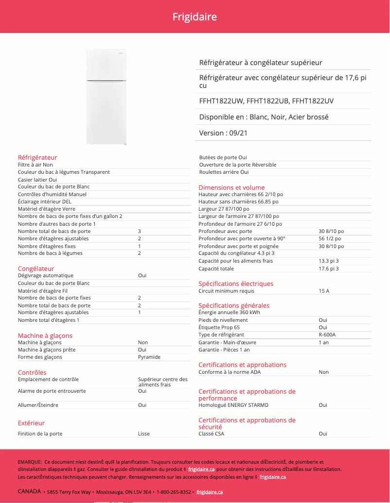 Page n°1 - Fiche technique Frigidaire FFHT1822UW