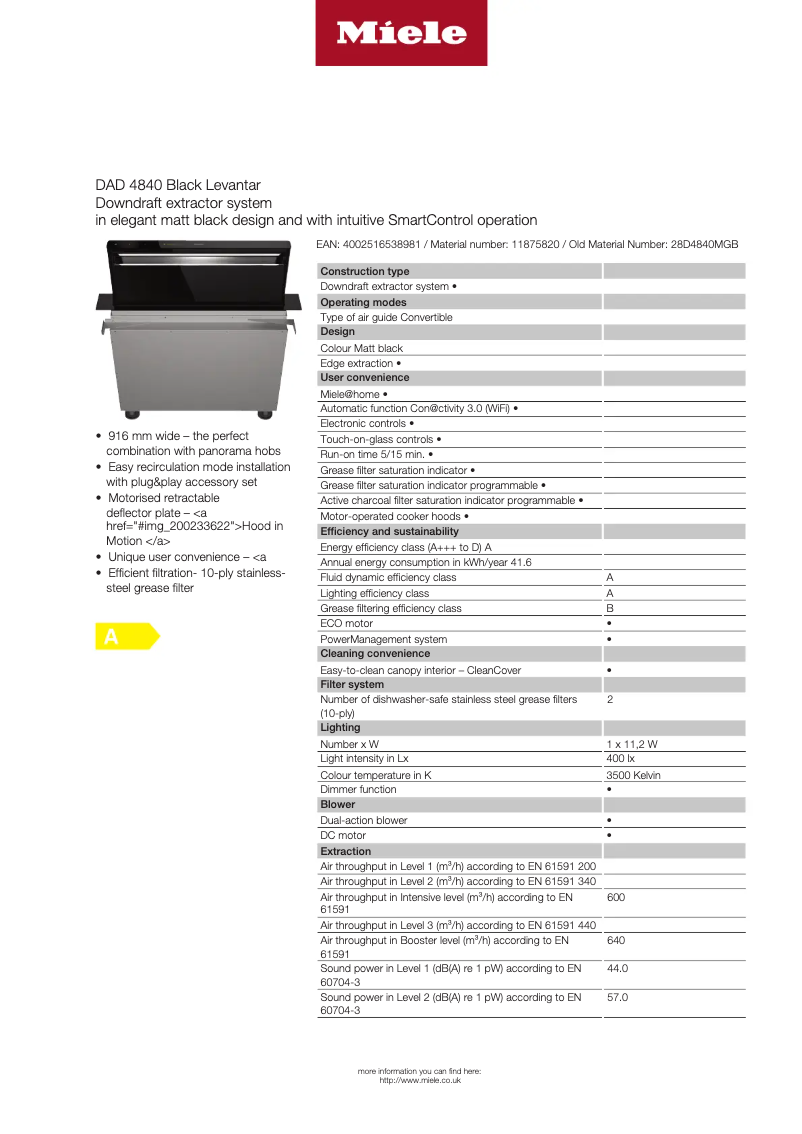 Page 1 de la notice Fiche technique Miele DAD 4840