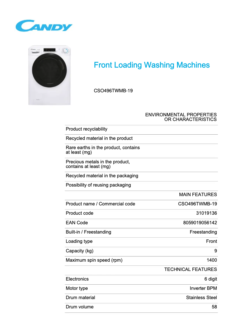 Page 1 de la notice Fiche technique Candy CSO496TWMB-19