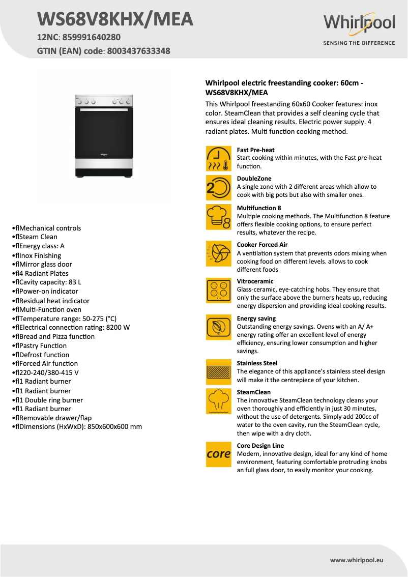 Page 1 de la notice Fiche technique Whirlpool WS68V8KHX