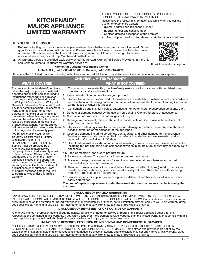 Page 1 de la notice Informations de garantie KitchenAid KVWB406DSS