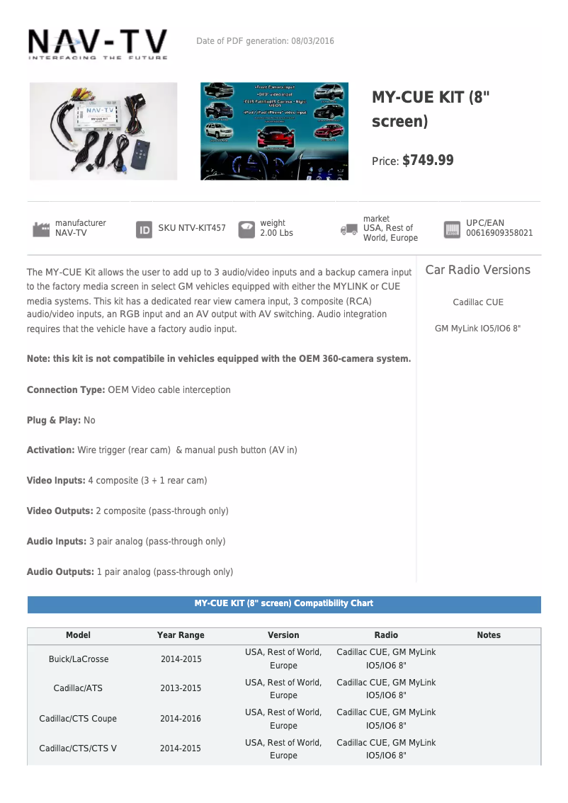 Page n°1 - Fiche technique NAV-TV NTV-KIT457