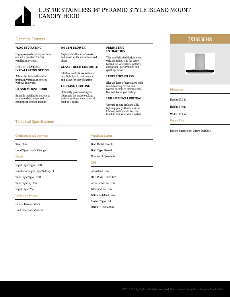 Page n°1 - Fiche technique JennAir JXI8536HS