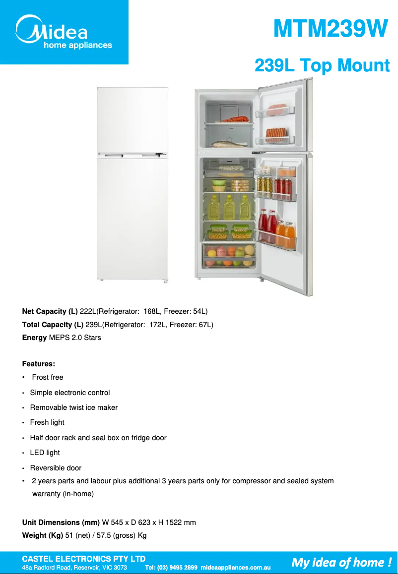 Page n°1 - Fiche technique Midea MTM239W