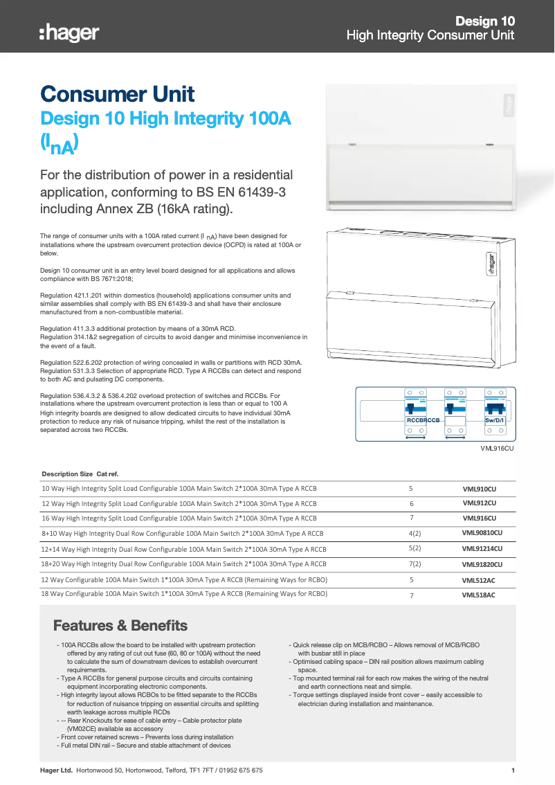 Página 1 del manual Ficha técnica Hager VML90810CU