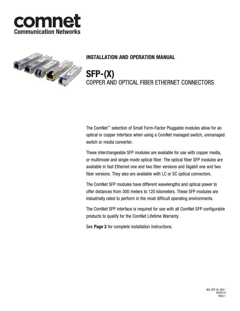 Page n°1 - Manuel utilisateur ComNet SFP-BXD