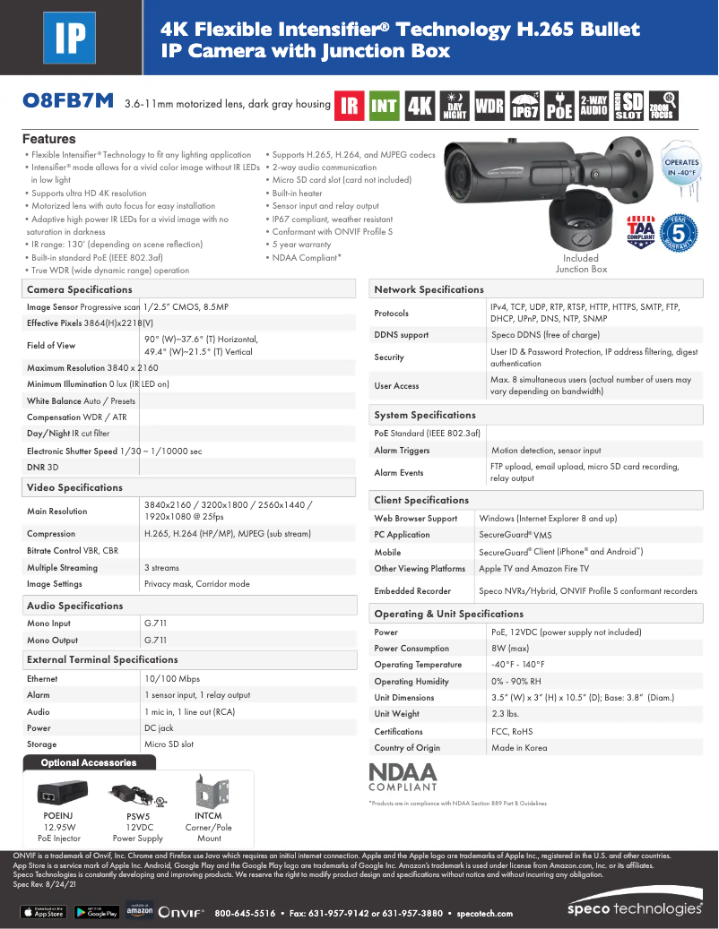Page 1 de la notice Fiche technique Speco Technologies Intensifier O8FB7M