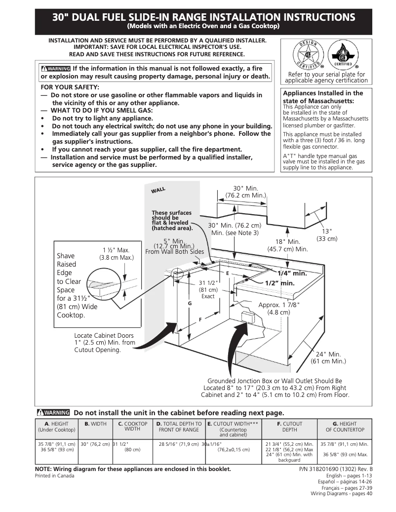Page 1 de la notice Guide d'installation Frigidaire FPDS3085KF