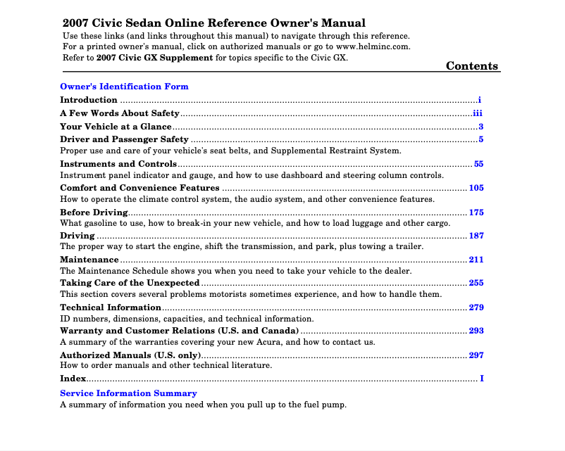 Image de la première page du manuel de l'appareil Civic GX (2007)