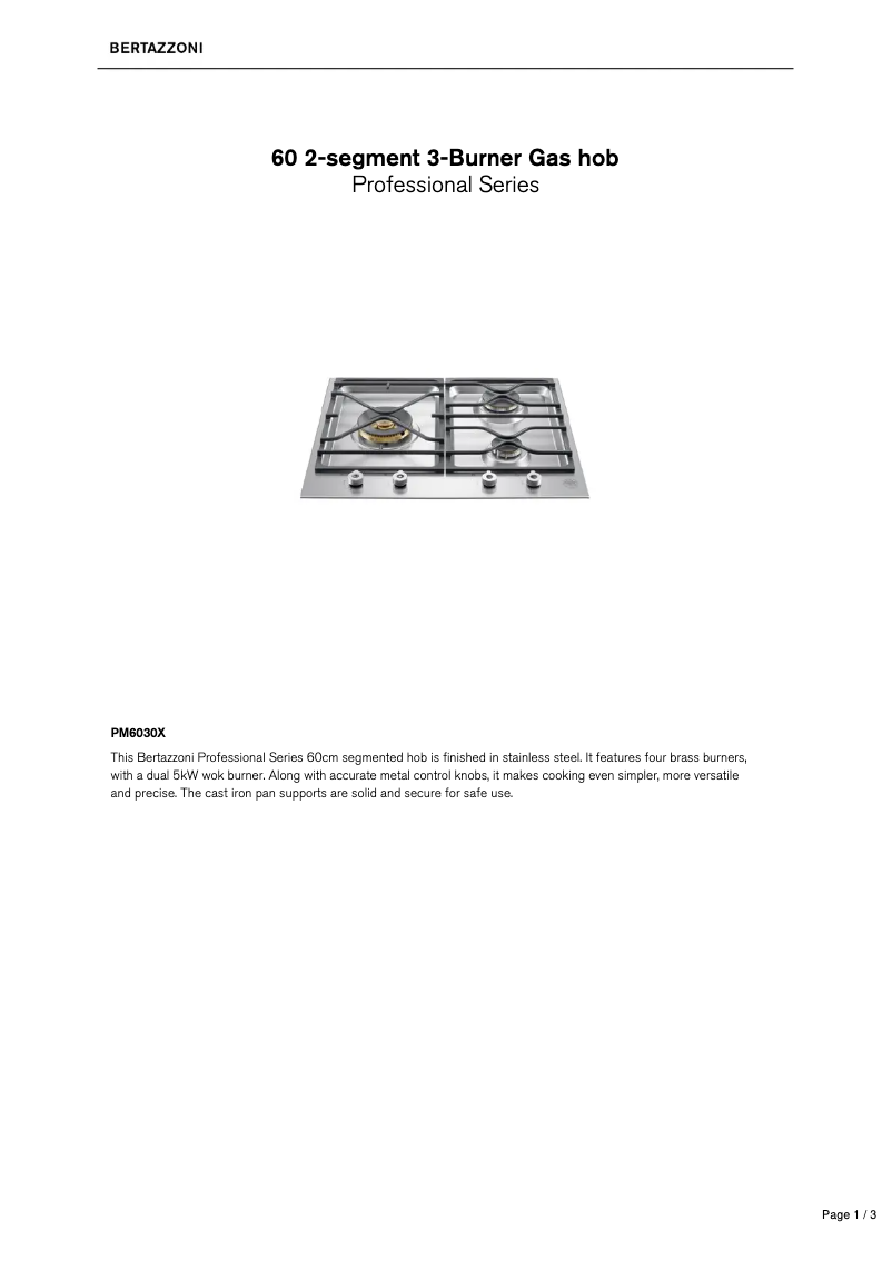Page 1 de la notice Fiche technique Bertazzoni PM60 3 0 X