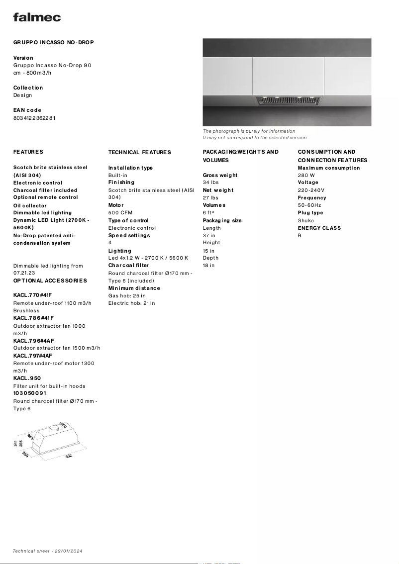 Page 1 de la notice Fiche technique Falmec Gruppo Incasso No-Drop