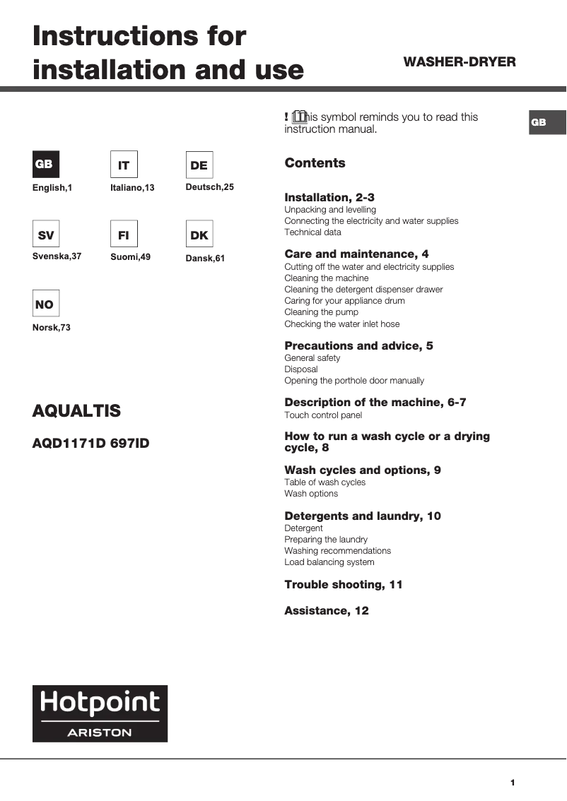 Page 1 de la notice Manuel utilisateur Hotpoint AQD1171D 697ID EU/A