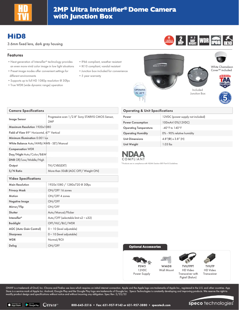 Page 1 de la notice Fiche technique Speco Technologies HiD8