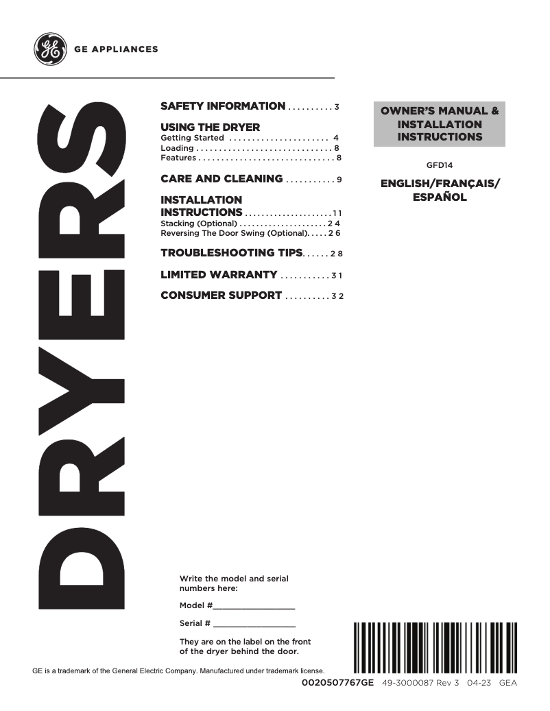 Page 1 de la notice Manuel d'utilisation et d'entretien GE GFD14ESSNWW