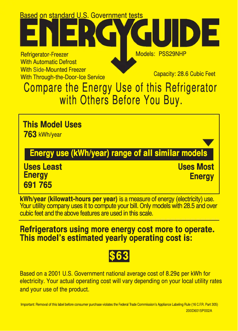 Page 1 de la notice Label énergétique GE Profile PSS29NHPWW