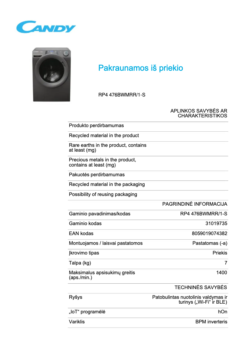 Page 1 de la notice Fiche technique Candy RP4 476BWMRR/1-S