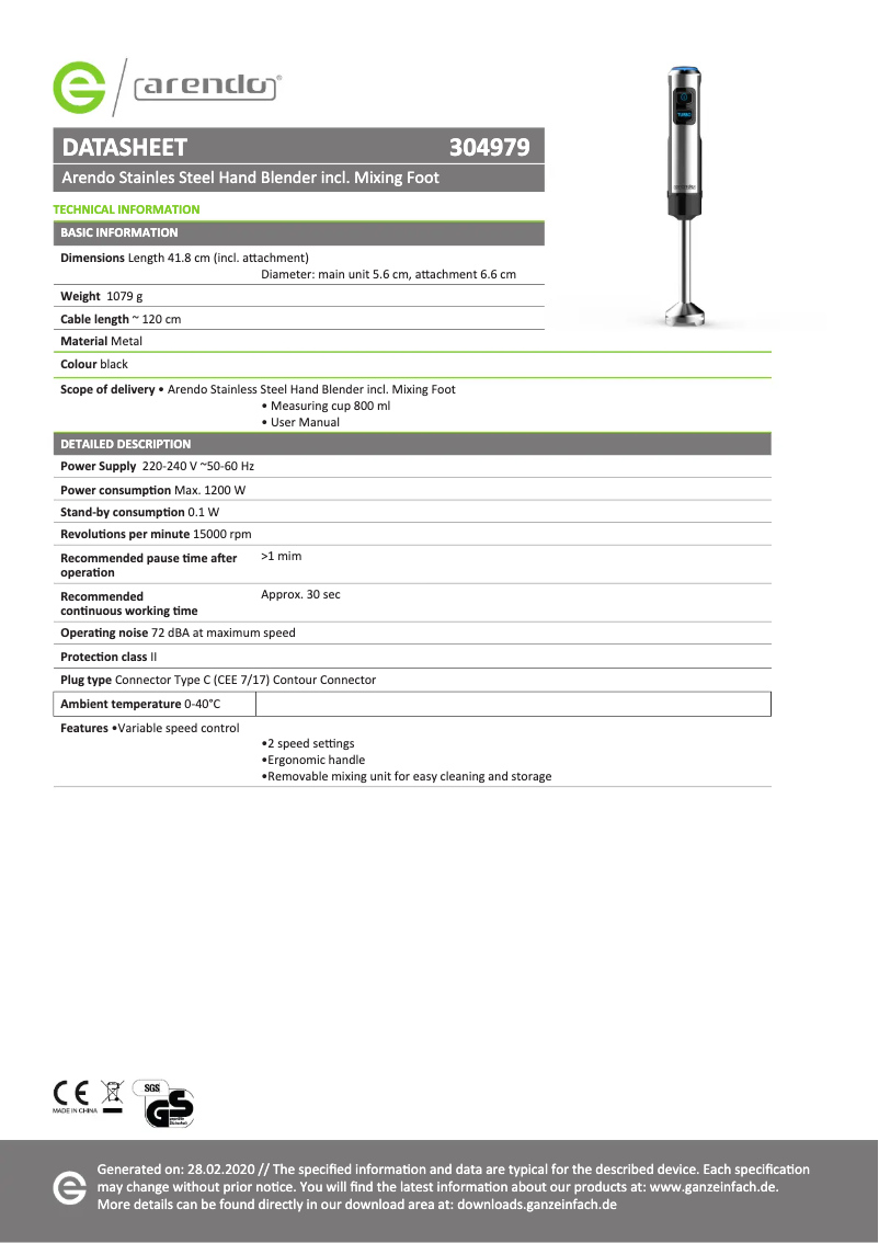 Page 1 de la notice Fiche technique Arendo Miro 304979