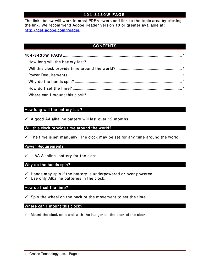 Page 1 de la notice FAQ La Crosse Technology 404-3430W