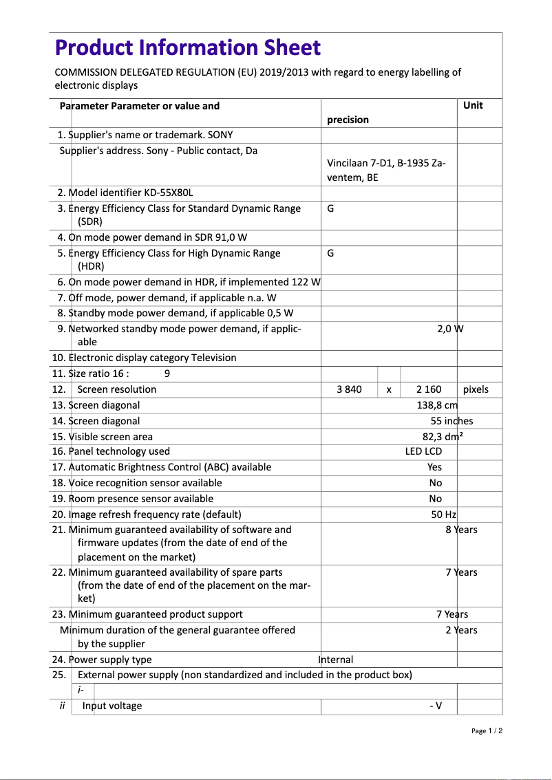 Page 1 de la notice Fiche technique Sony KD-55X80L