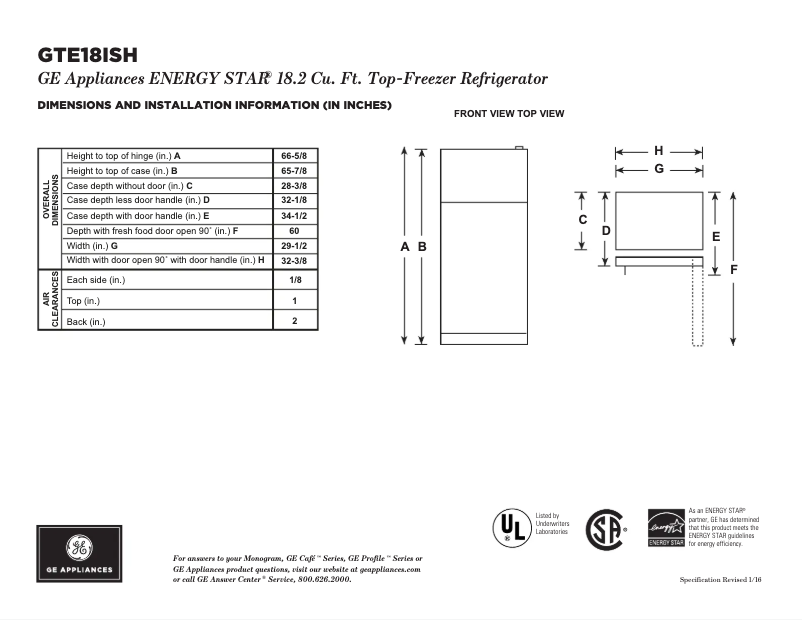 Page n°1 - Fiche technique GE GTE18ISHSS