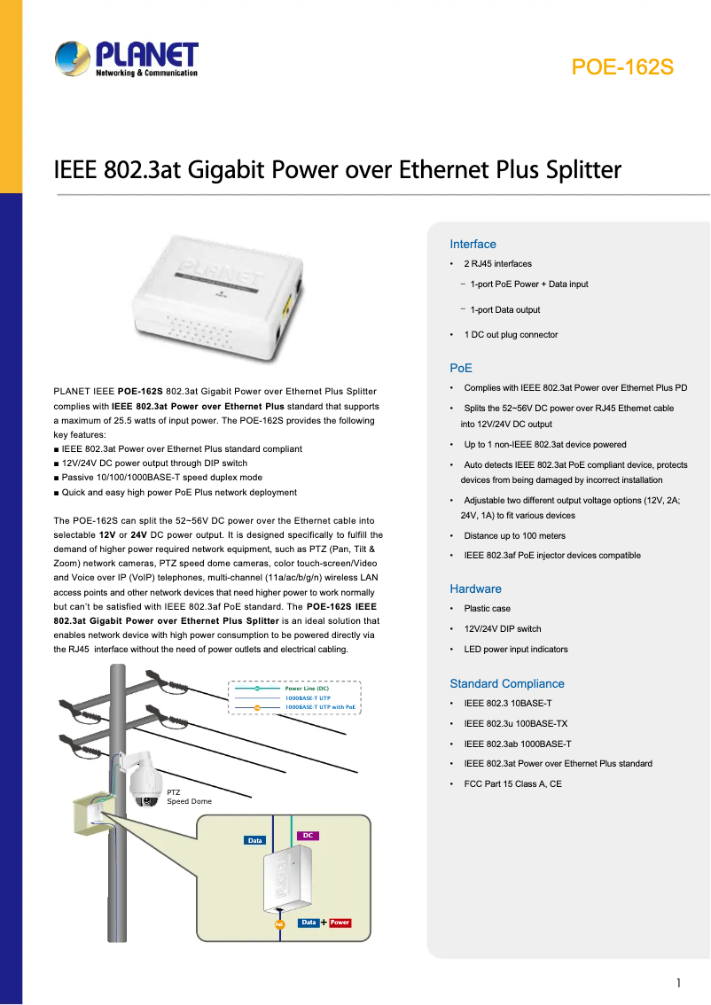 Page 1 de la notice Fiche technique Planet POE-162S