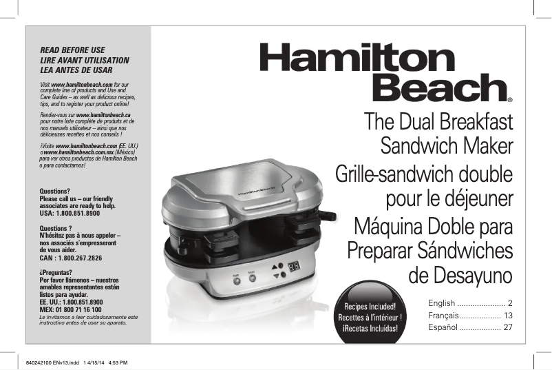 Page 1 de la notice Manuel utilisateur Hamilton Beach 25490