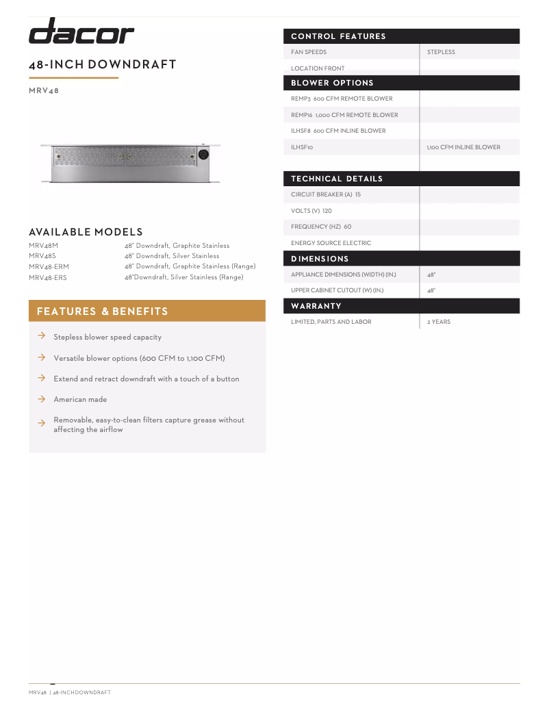 Page 1 de la notice Fiche technique Dacor MRV48ERS