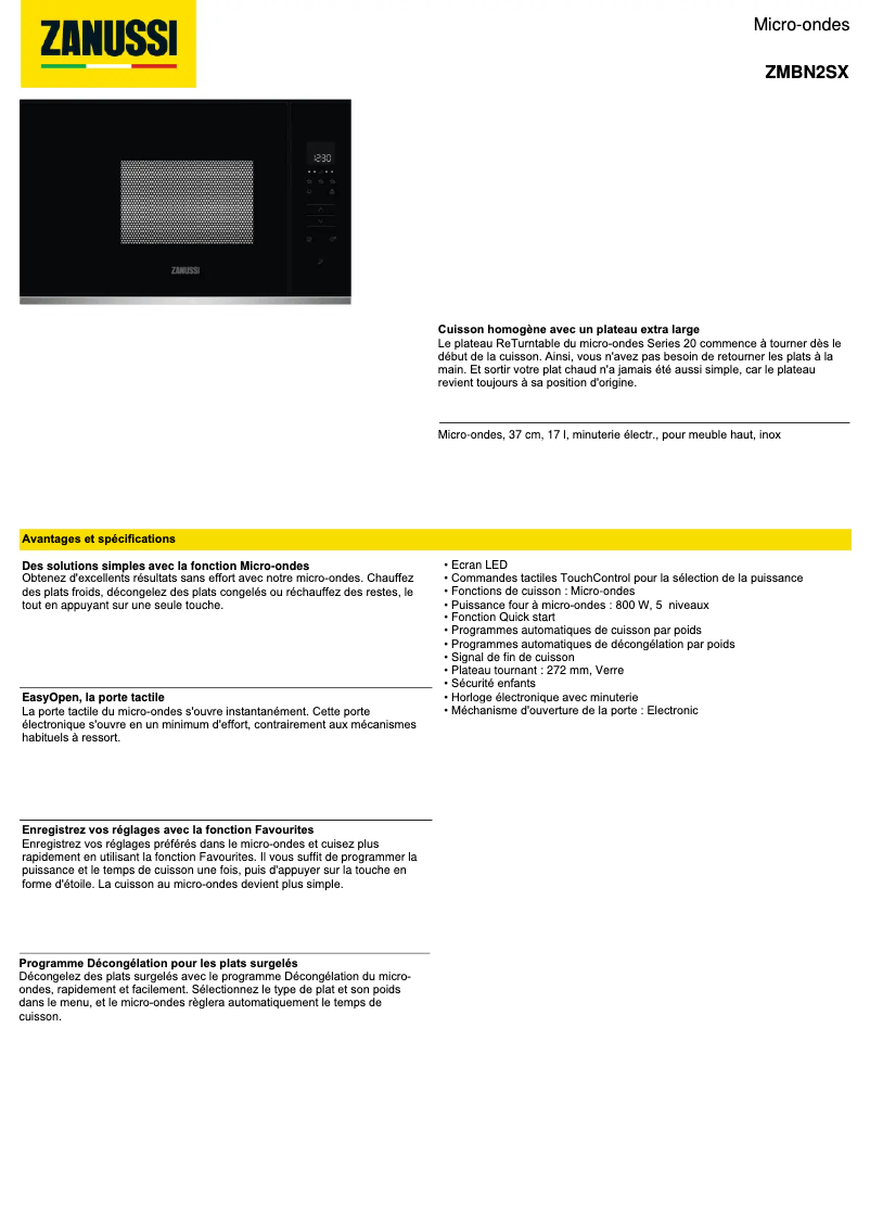 Page 1 de la notice Fiche technique Zanussi ZMBN2SX