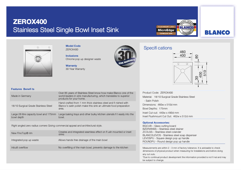 Page 1 de la notice Fiche technique BLANCO ZEROX400K5