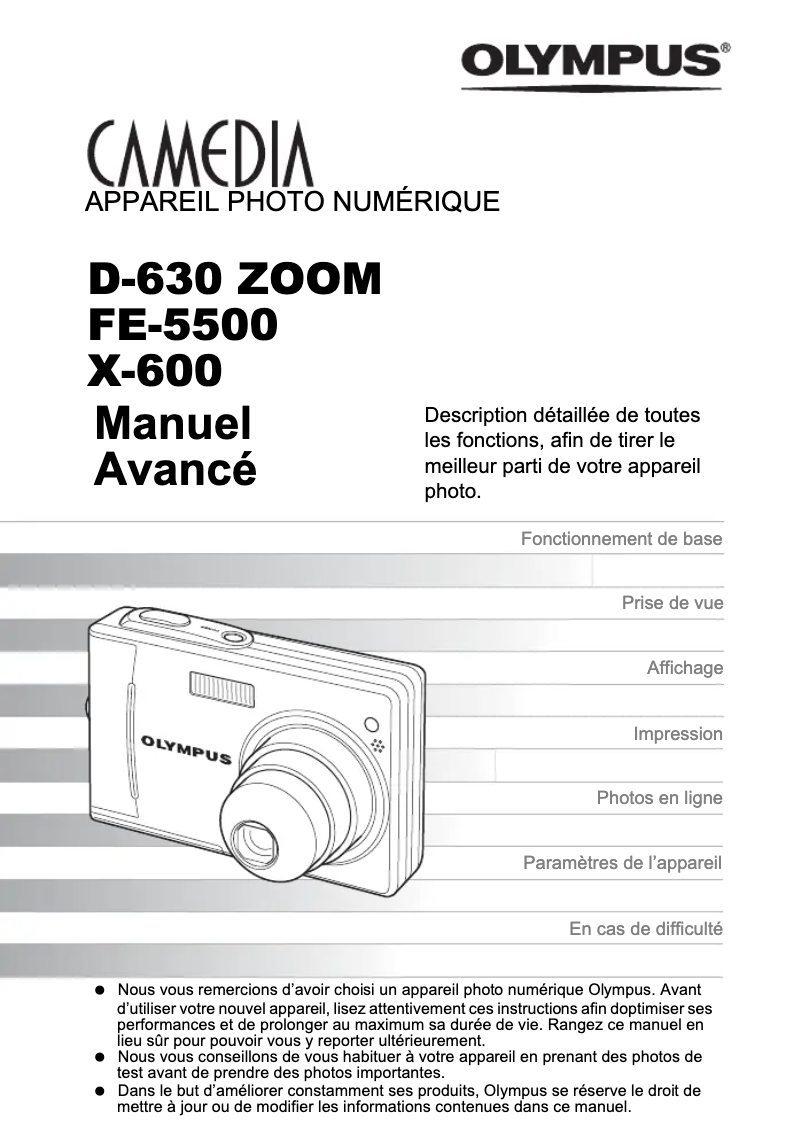 Page 1 de la notice Manuel utilisateur Olympus Camedia FE-5500