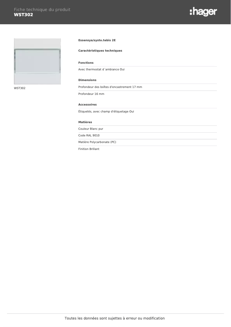 Page n°1 - Fiche technique Hager WST302