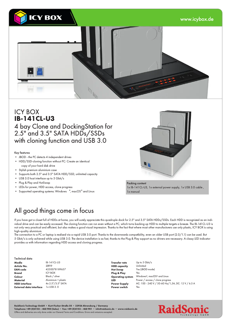 Page 1 de la notice Fiche technique Icy Box IB-141CL-U3