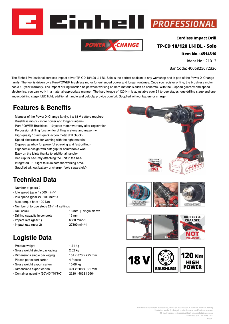 Page 1 de la notice Fiche technique Einhell TP-CD 18/120 Li-i BL