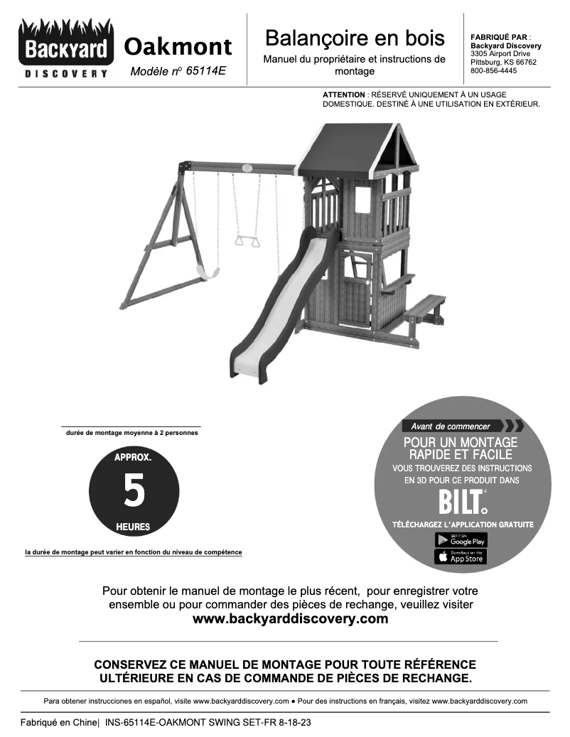 Page 1 of the manual User Manual Backyard Discovery Oakmont