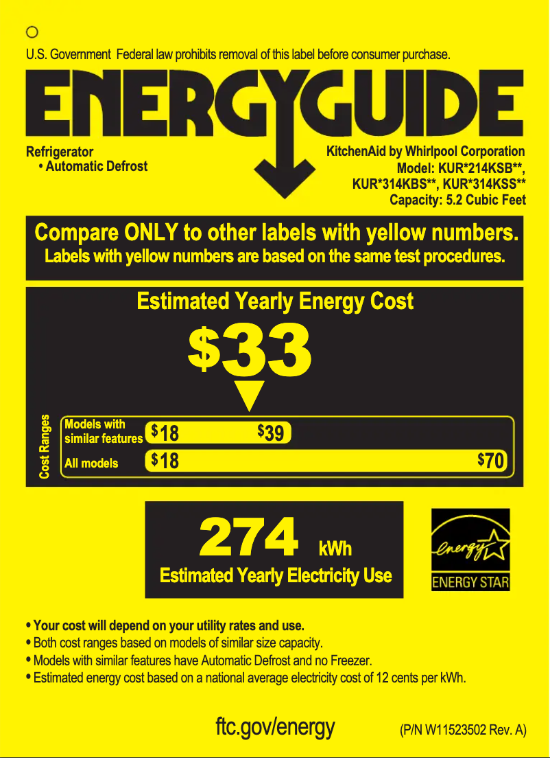 Page 1 de la notice Label énergétique KitchenAid KURR314KBS