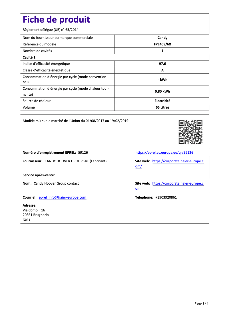 Page n°1 - Manuel utilisateur Candy FPE409/6X