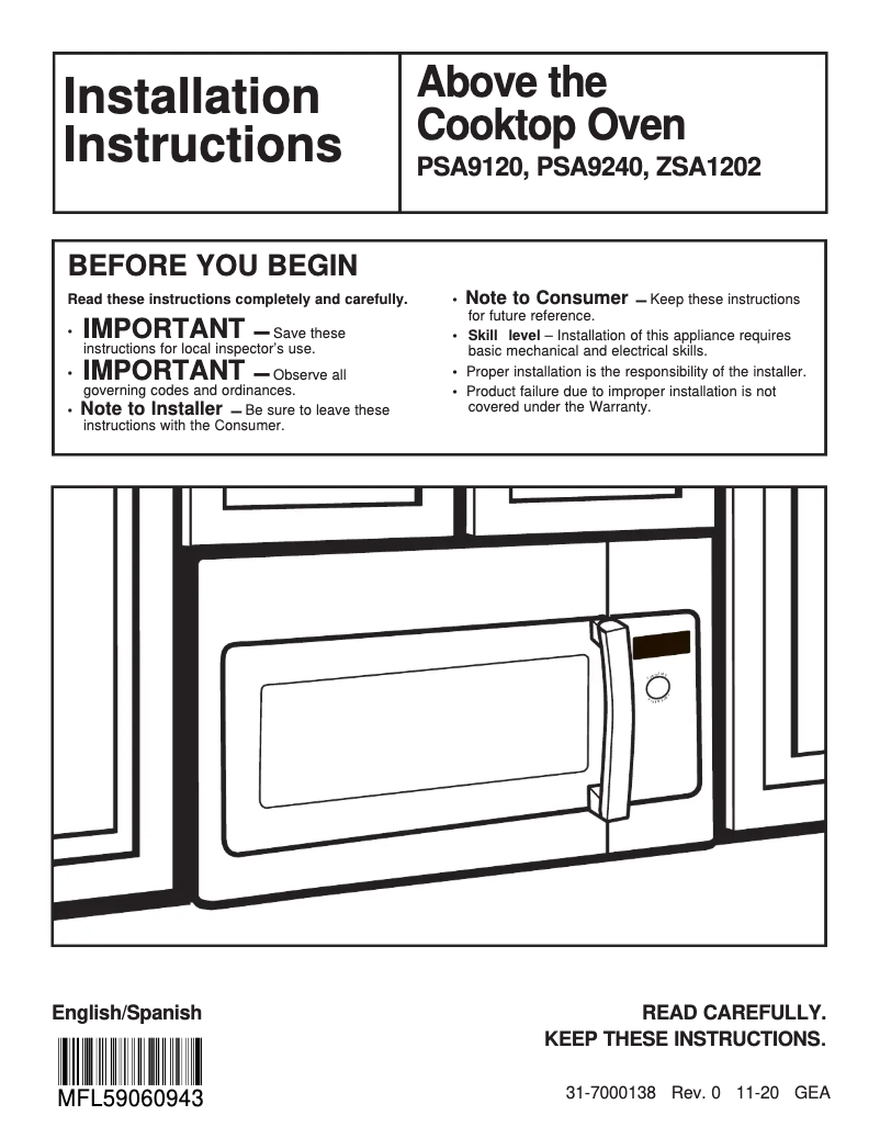 Page n°1 - Guide d'installation GE PSA9120SFSS