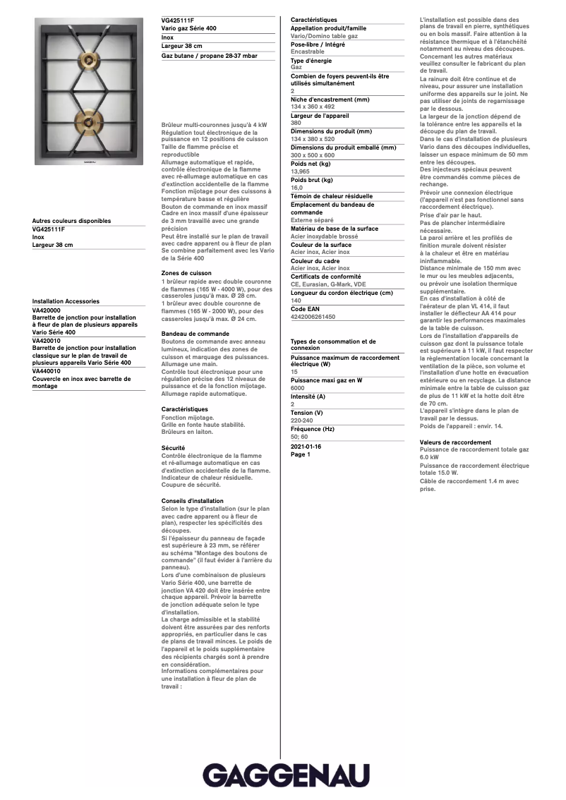 Page n°1 - Fiche technique Gaggenau VG425111F