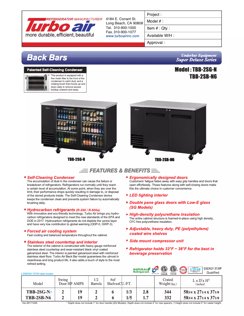 Page 1 de la notice Fiche technique Turbo air TBB-2SB