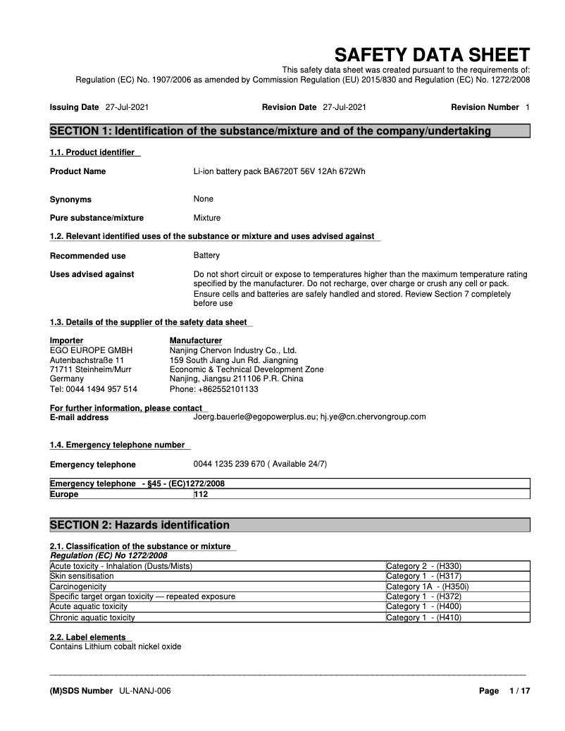 Page 1 de la notice Instructions de sécurité EGO BA6720T