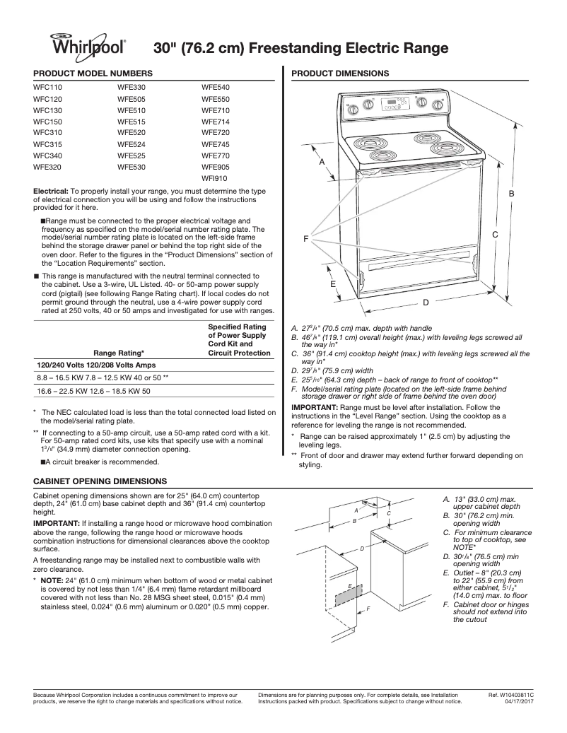 Página 1 del manual Ficha técnica Whirlpool WFE525S0HW