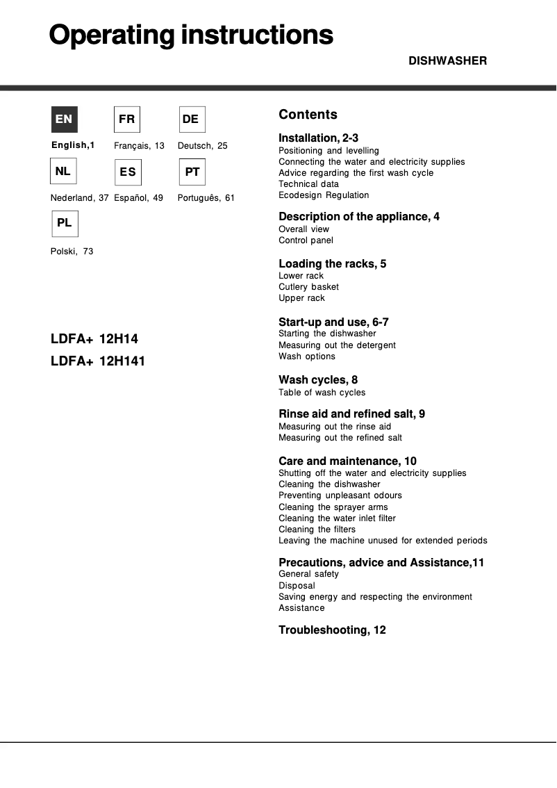 Page 1 of the manual User Manual Hotpoint LDFA 12H14