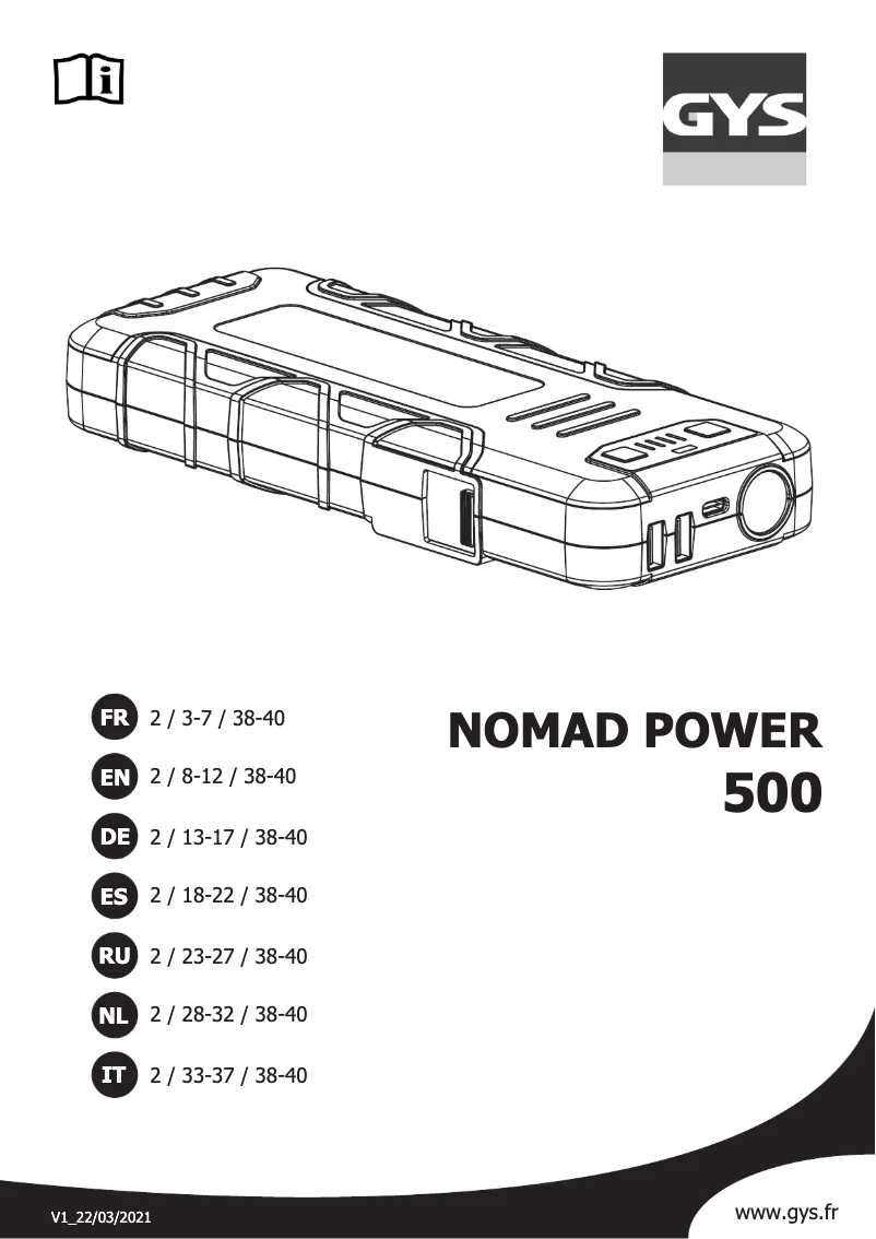 Page 1 de la notice Manuel utilisateur GYS Nomad Power 500