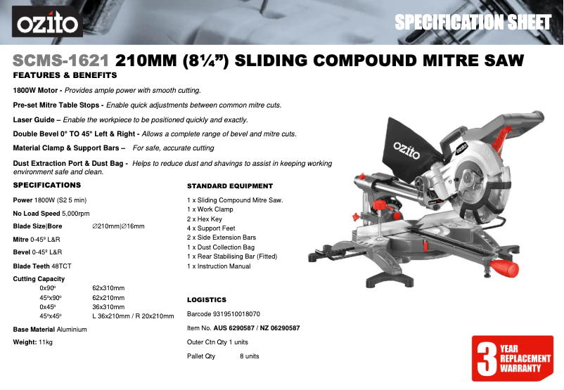 Page 1 de la notice Fiche technique Ozito SCMS-1621