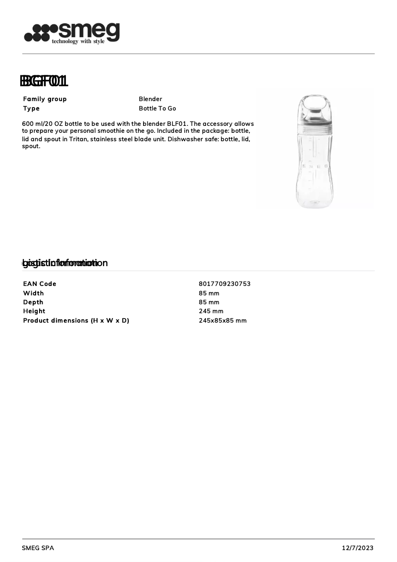 Page n°1 - Fiche technique Smeg BGF01