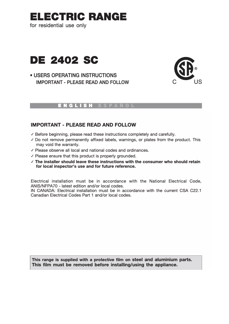 Page n°1 - Manuel utilisateur Avanti DE2402SC