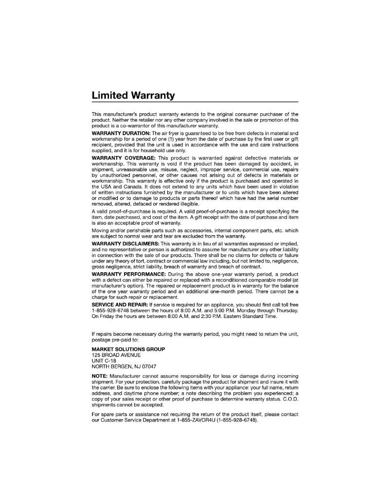 Page 1 de la notice Informations de garantie Zavor Crunch ZSEAF22