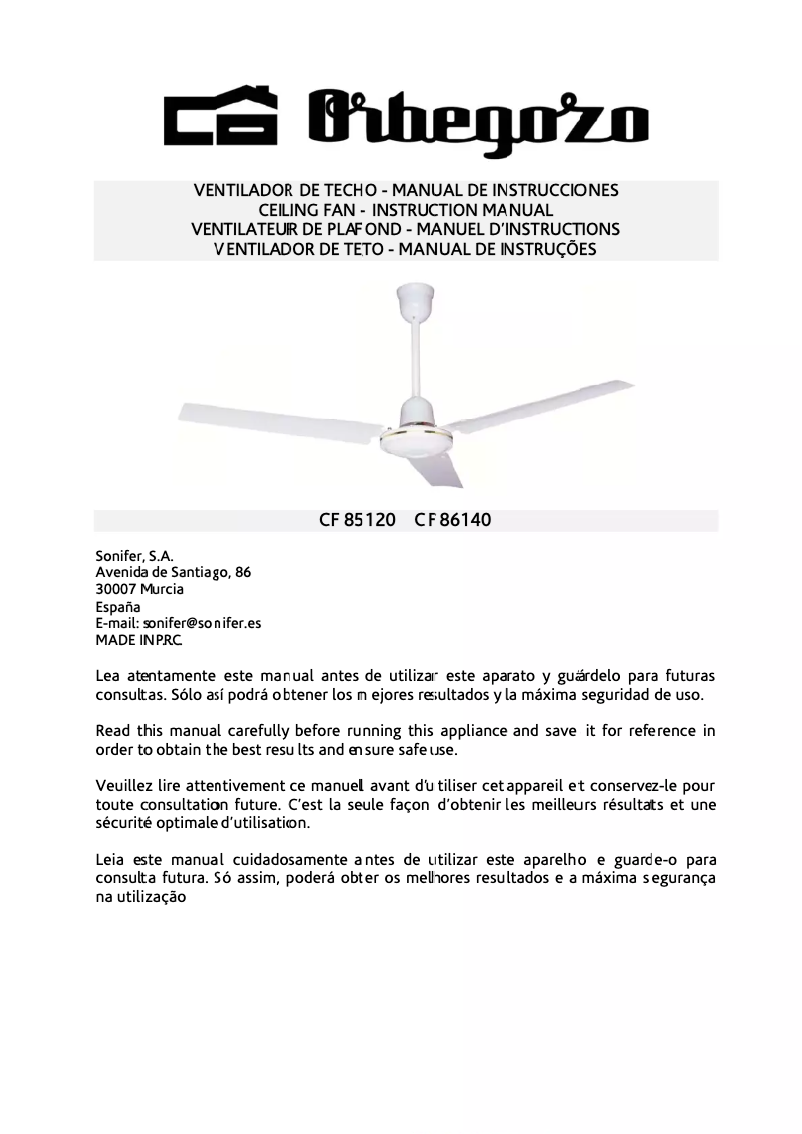 Page n°1 - Manuel utilisateur Orbegozo CF 85120