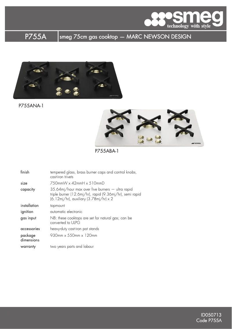 Page 1 de la notice Fiche technique Smeg P755AB